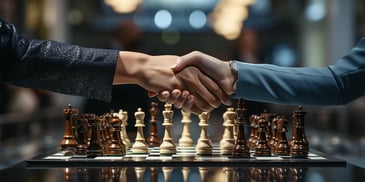 hands shaking hands over a chess board