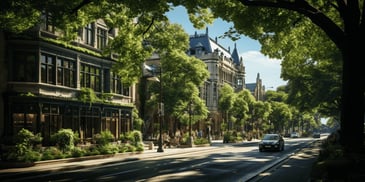 a street with trees and buildings on the side