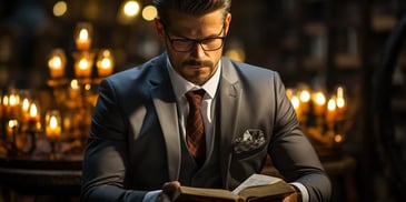 a person in a suit and tie reading a book