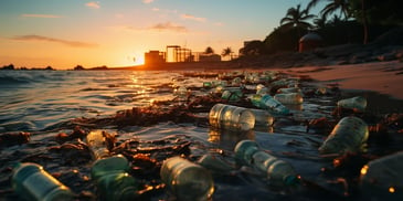 a group of empty bottles on a beach