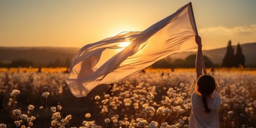 a person holding a white cloth in front of a field of flowers