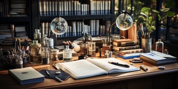 a desk with a book open on it