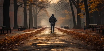 a person walking on a path with trees in the background