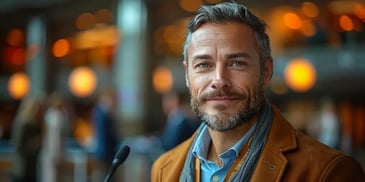 Smiling man with a beard and gray hair in a brown coat, standing in a warmly lit indoor setting.