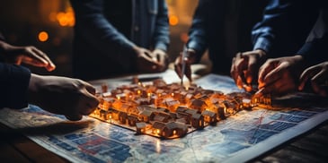 a group of people looking at a model of a town