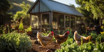 chickens in a garden with a building in the background