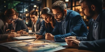 a group of people looking at a map