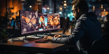 a person sitting at a desk with multiple computer screens