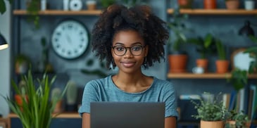 Smiling woman with glasses, sitting at a desk with a laptop, in a stylish room filled with plants and a wall clock.