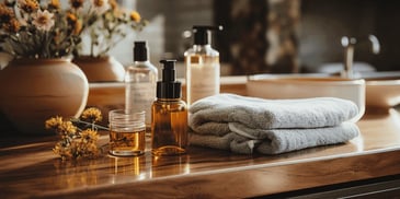 a group of bottles of liquid and towels on a counter