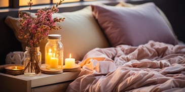 a candle and flowers on a table