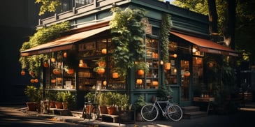 a building with a bicycle and plants