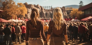 two women holding hands looking at a crowd