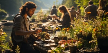 a person sitting at a table with plants and a group of people in the background