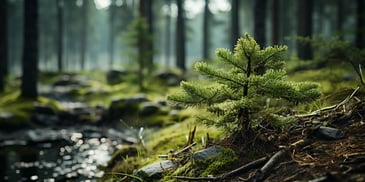 a small tree growing on a rocky hill