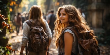 a person with long hair and backpacks