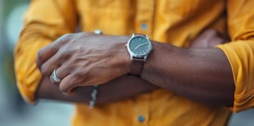 Close-up of a person wearing a wristwatch with a brown leather strap, dressed in a yellow shirt, with arms crossed.