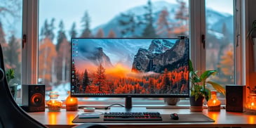 Computer desk with a large monitor displaying a mountain landscape.