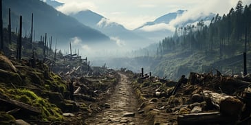 a dirt road with trees and mountains in the background