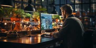 a person sitting at a desk with a computer