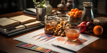 a table with a calculator and a few glasses of liquid