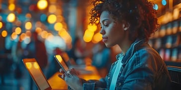 Young woman with curly hair using a smartphone, sitting at a table.