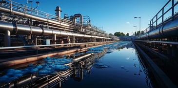 a large industrial plant with blue ice floating on the water