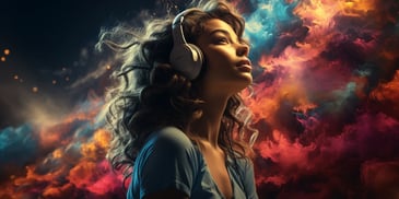 a person daydreaming with headphones on, magical background