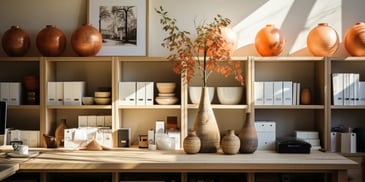 a shelf with vases and vases on it