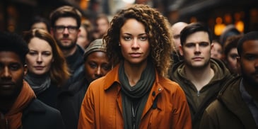 a person with curly hair and a group of people