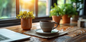 A cup of coffee on a wooden table next to a laptop