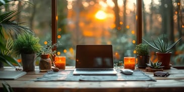 Laptop on a wooden desk with candles, plants, and a mouse, framed by a large window showcasing a serene forest sunset.