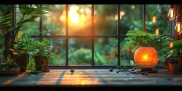 Cozy windowsill with potted plants, a glowing lantern, and scattered pebbles, basking in the warm light of a sunset.