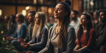 a group of people sitting in a row